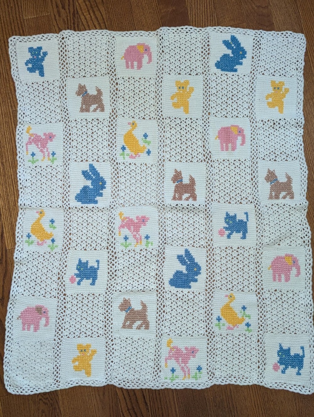 Vintage Handmade Crochet Cross Stitch Animal Baby Blanket 46x38 Open Knit Afghan